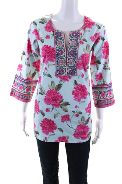 Bella Tu Womens Blue Pink Floral V-Neck Long Sleeve Cotton Tunic Top Size M