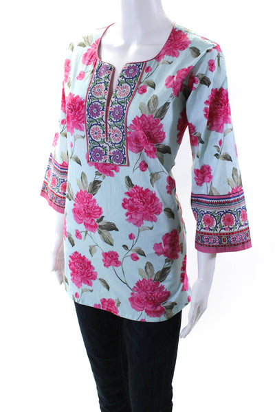 Bella Tu Womens Blue Pink Floral V-Neck Long Sleeve Cotton Tunic Top Size M