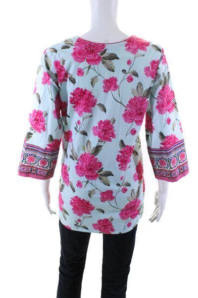 Bella Tu Womens Blue Pink Floral V-Neck Long Sleeve Cotton Tunic Top Size M