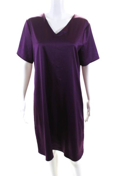 Eileen Fisher Womens Purple Satin V-Neck Short Sleeve Shirt Dress Size S