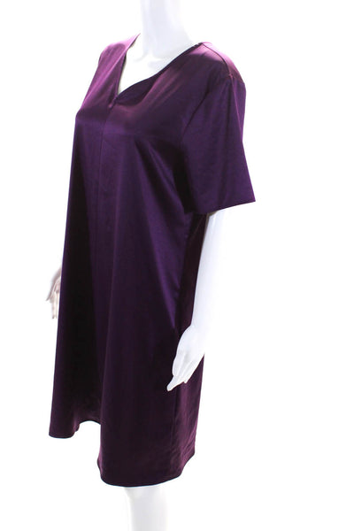 Eileen Fisher Womens Purple Satin V-Neck Short Sleeve Shirt Dress Size S