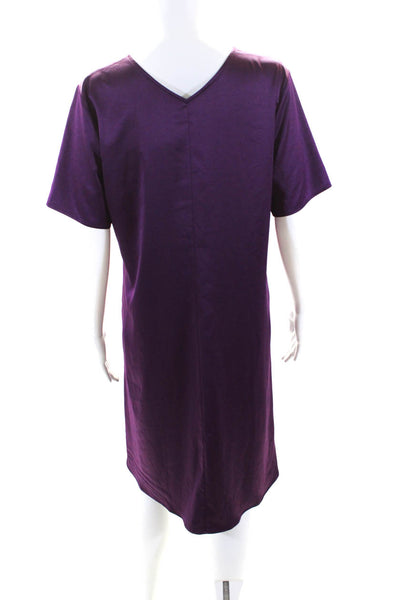 Eileen Fisher Womens Purple Satin V-Neck Short Sleeve Shirt Dress Size S