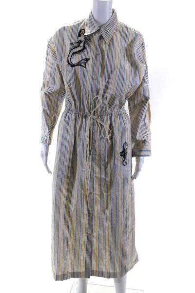 Prada Womens Beige Striped Nautical Collar Long Sleeve Shift Dress Size M