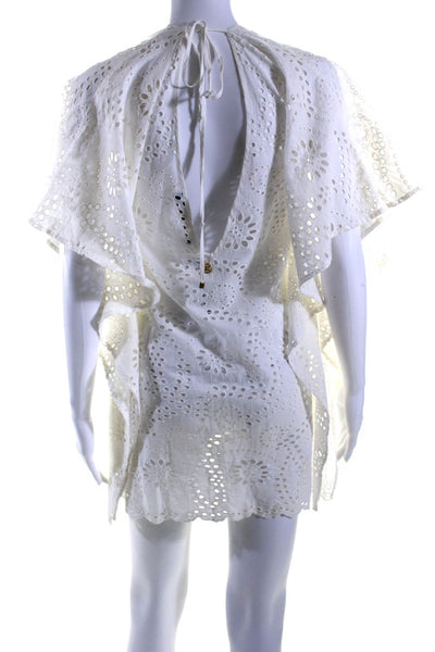 Vix Paula Hermanny Womens Eyelet V-Neck Tie Back Swimwear Cover Up White Size XS