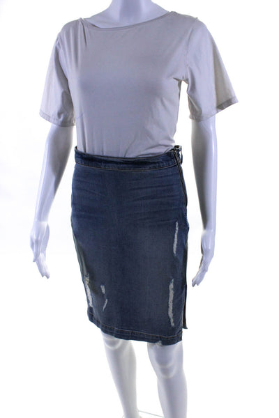 McGuire Womens Distressed Denim Zip Up Knee Length Pencil Skirt Blue Size 26