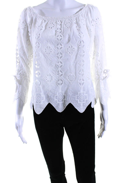 Miguelina Womens Eyelet Off The Shoulder Long Sleeve Blouse Top White Size XS