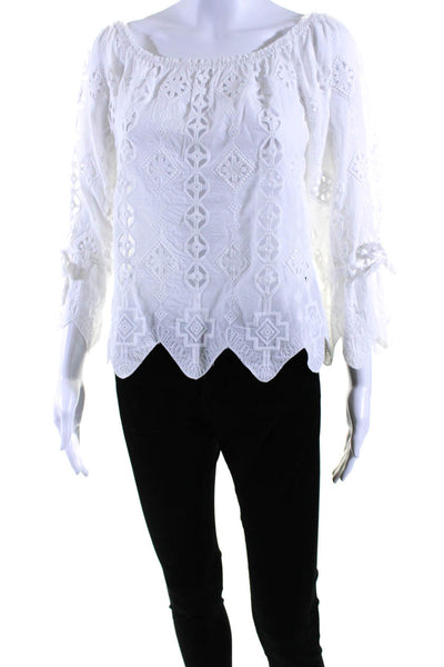 Miguelina Womens Eyelet Off The Shoulder Long Sleeve Blouse Top White Size XS