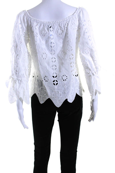 Miguelina Womens Eyelet Off The Shoulder Long Sleeve Blouse Top White Size XS