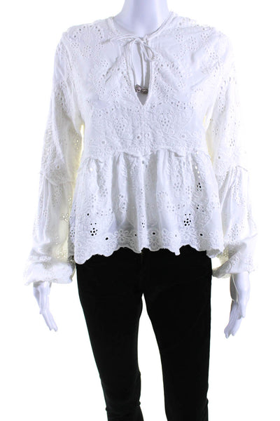 The Kooples Womens Eyelet V-Neck Tie Front Long Sleeve Blouse Top White Size 1
