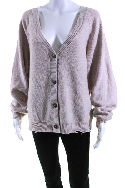 Lovers + Friends Womens Oversize Distressed V Neck Cardigan Sweater Pink Small