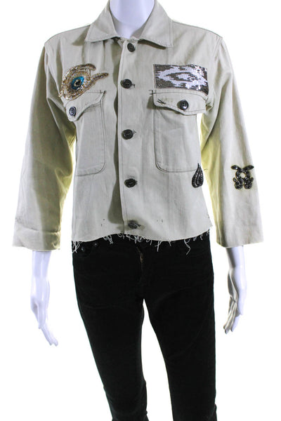 Figue Womens Beaded Sequin Distressed 3/4 Sleeve Shirt Jacket Green Size Medium