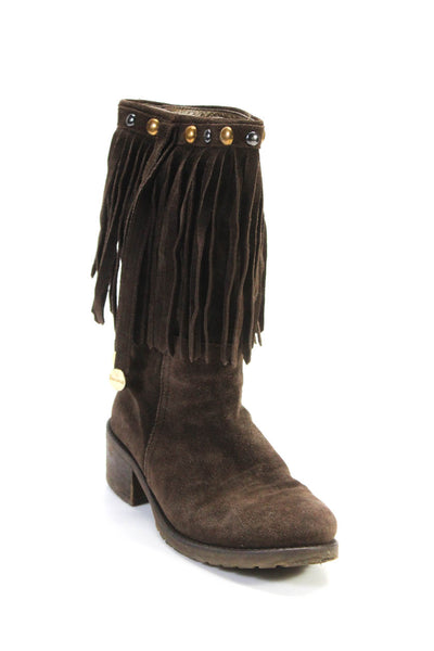 Simonetta Womens Suede Fringe Studded Zip Up Mid Calf Boots Brown Size 34 4