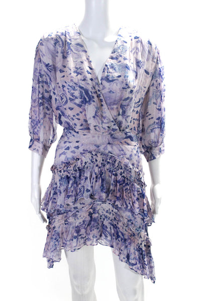 IRO Womens Rahue 3/4 Sleeve Surplice Mini Drop Waist Dress Purple Blue Size FR36