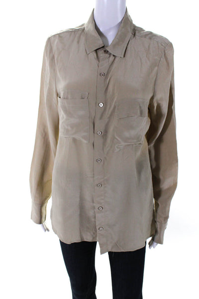 Equipment Femme Womens Button Front Long Sleeve Silk Shirt Brown Size Large