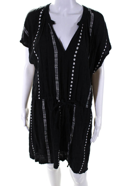 Ace & Jig Womens Cotton V Neck Drawstring Striped Coverup Dress Black Size M