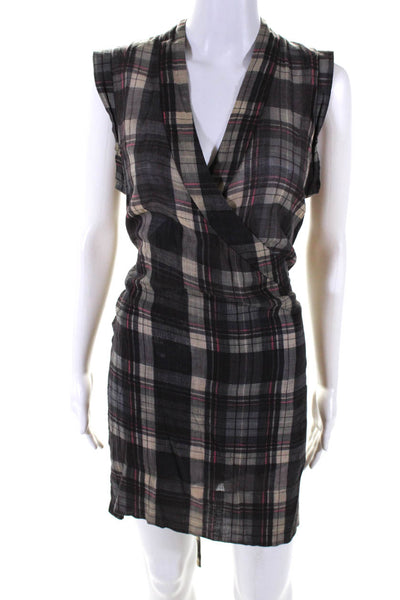 Isabel Marant Etoile Womens Sleeveless V Neck Plaid Wrap Dress Gray Size 40