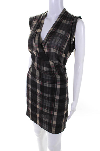 Isabel Marant Etoile Womens Sleeveless V Neck Plaid Wrap Dress Gray Size 40