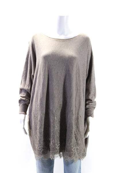 Veveret Womens Long Sleeve Lace Trim Oversized Sweater Brown Size Large