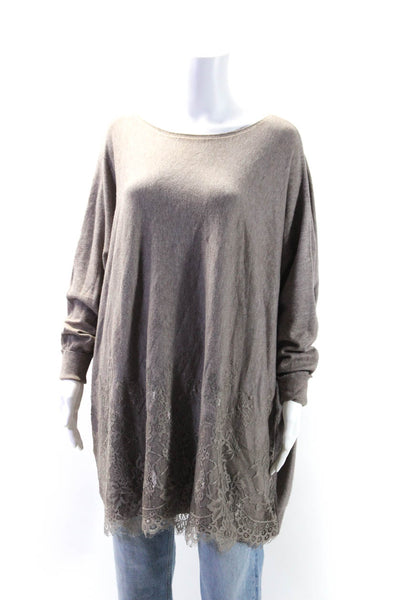 Veveret Womens Long Sleeve Lace Trim Oversized Sweater Brown Size Large