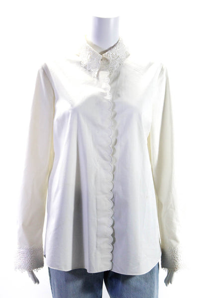 Elie Tahari Womens Button Front Scalloped Lace Trim Shirt White Size Medium