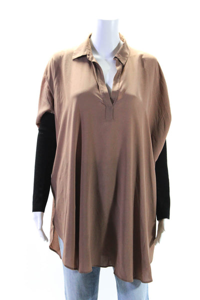 Pier Antonio Gaspari Womens Long Sleeve Collared V Neck Silk Top Brown IT 42