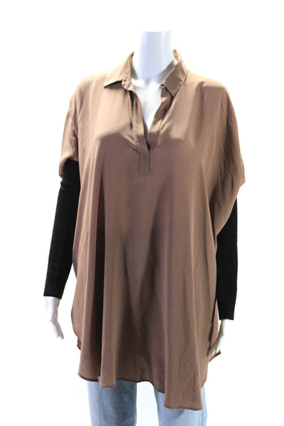 Pier Antonio Gaspari Womens Long Sleeve Collared V Neck Silk Top Brown IT 42