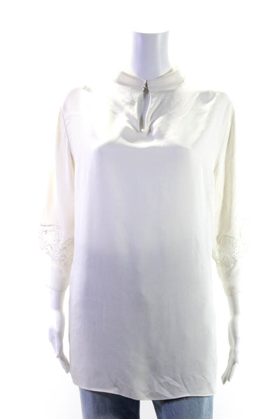 Eileen Fisher Womens Half Sleeve Lace Trim Mock Neck Silk Top White Size XL
