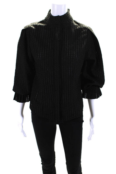 Gracia Womens Textured Weave Jacquard Frill Neck Top Blouse Black Size Medium