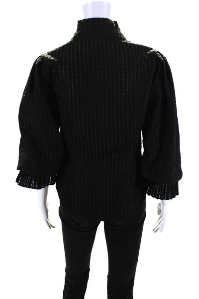 Gracia Womens Textured Weave Jacquard Frill Neck Top Blouse Black Size Medium