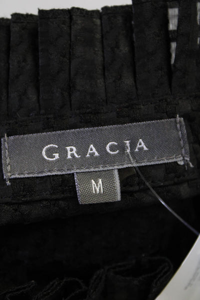 Gracia Womens Textured Weave Jacquard Frill Neck Top Blouse Black Size Medium