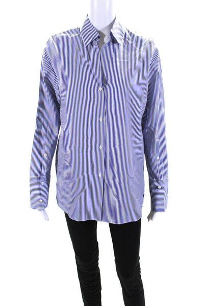 Ashlyn Womens Button Front Collared Vertical Striped Shirt Blue White Size Small