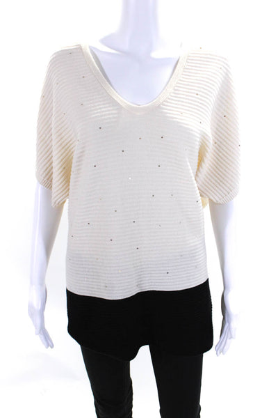 Escada Womens Sequin Dolman Sleeve Color Block V Neck Sweater Black White Small