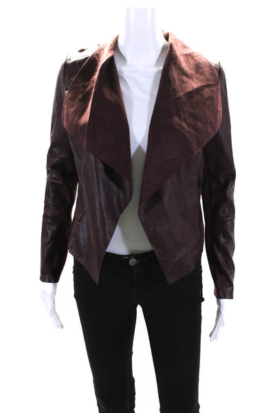 Bagatelle Womens Open Front Waterfall Faux Leather Jacket Burgundy Size XS