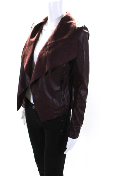 Bagatelle Womens Open Front Waterfall Faux Leather Jacket Burgundy Size XS