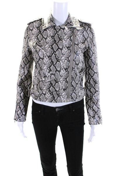 Blank NYC Womens Snakeskin Print Faux Leather Moto Jacket Taupe White Size XS