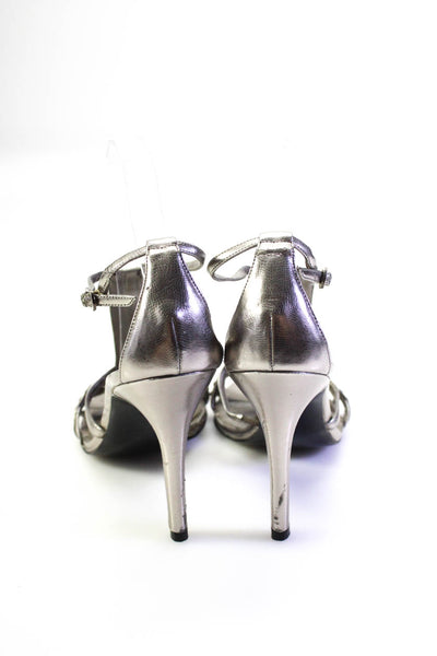 Nina Womens Stiletto Metallic Studded Ankle Strap Sandals Silver Tone Size 9.5