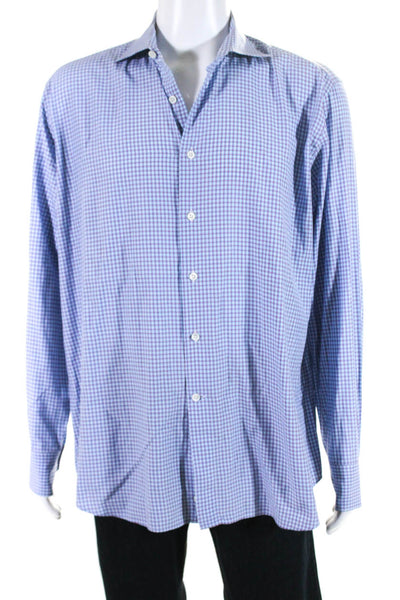 Canali Mens Blue Red Plaid Cotton Collar Long Sleeve Button Down Dress Size 17.5