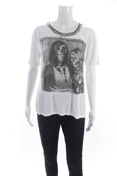 The Kooples Womens Skeleton Couple Graphic Short Sleeve Shirt White Gray Size 3