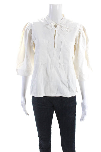 Sea Womens Cotton Woven Lace Up V-Neck Puff Sleeve Blouse Top White Size XXS