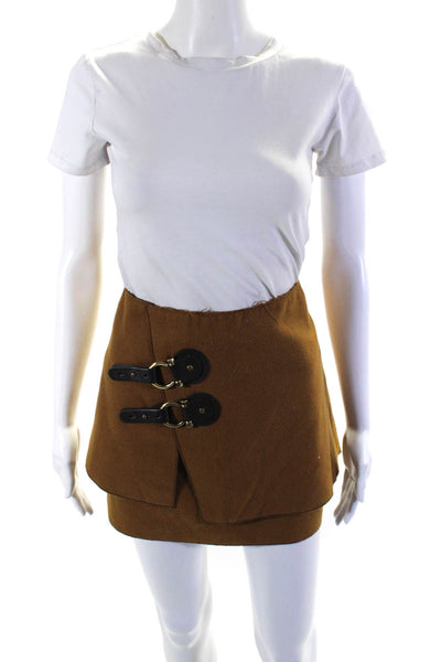 Meadow Rue Women's Zip Closure Leather Trim Buckle Mini Skirt Brown Size 0