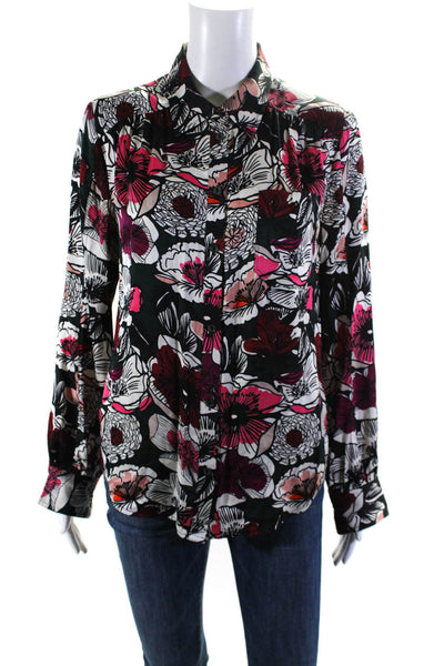 Trina Turk Womens Button Front Collared Floral Silk Shirt Black Multi Size Small