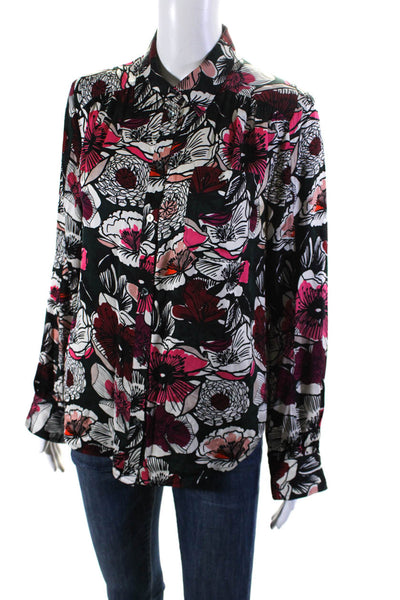 Trina Turk Womens Button Front Collared Floral Silk Shirt Black Multi Size Small