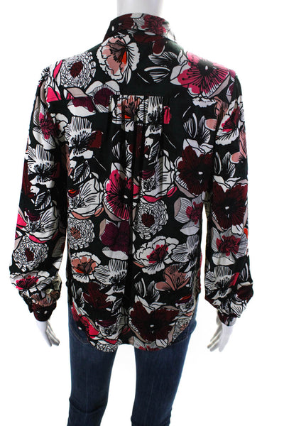 Trina Turk Womens Button Front Collared Floral Silk Shirt Black Multi Size Small