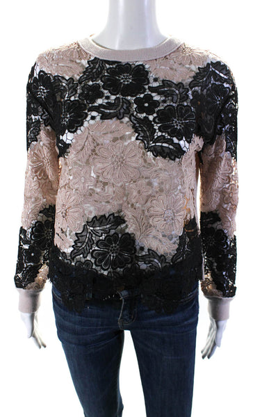 Alice + Olivia Womens Round Neck Mixed Media Lace Front Sweater Beige Black XS