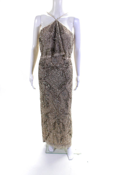 Aidan Mattox Womens Spaghetti Strap Beaded Sequin Mesh Gowen Beige Size 6