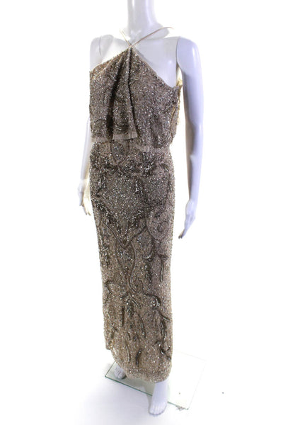 Aidan Mattox Womens Spaghetti Strap Beaded Sequin Mesh Gowen Beige Size 6