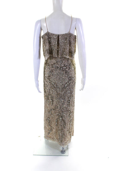 Aidan Mattox Womens Spaghetti Strap Beaded Sequin Mesh Gowen Beige Size 6