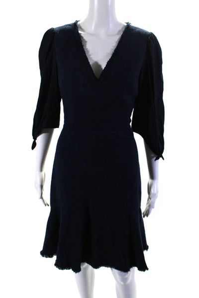 Tailored Rebecca Taylor Womens Back Zip Fringe Knit Shift Dress Navy Blue Size 8