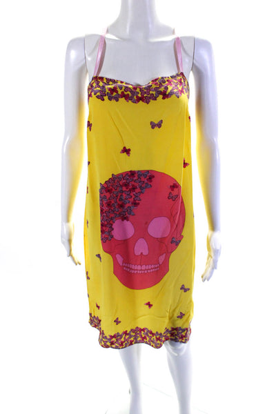 Charlotte Sparre Womens Spaghetti Strap Silk Skull Butterfly Dress Yellow Large
