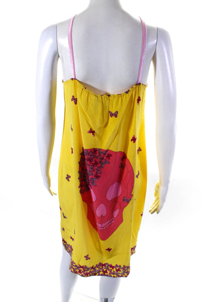 Charlotte Sparre Womens Spaghetti Strap Silk Skull Butterfly Dress Yellow Large